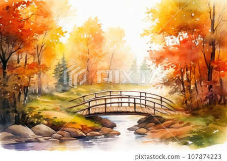 Rustic Bridge in the Heart of Autumn Rustic Bridge in the Heart of Autumn 107874223