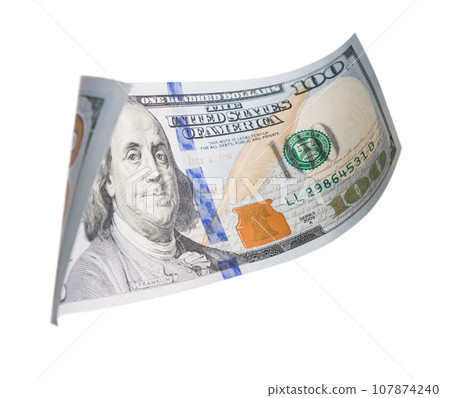 One Hundred Dollar Bill Falling or Floating on Empty Background. One Hundred Dollar Bill Falling or Floating on Empty Background. 107874240