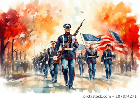 Patriotic Watercolor Veterans Parade in Honor of Heroes Patriotic Watercolor Veterans Parade in Honor of Heroes 107874271