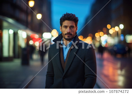 Man on City Street at Twilight 107874272