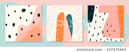 Set hand drawn contemporary art abstract doodles backgrounds. Trendy cute square templates for social media posts. Collection cute banners with scribbles and various shapes 107874464