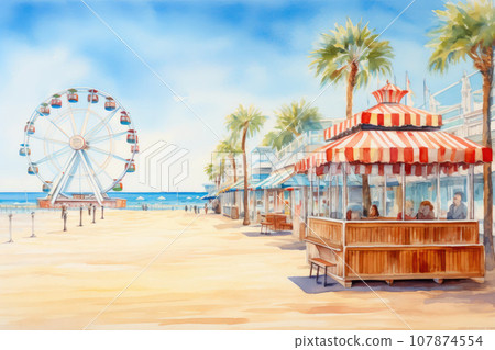 Whimsical Watercolor of a Beach Boardwalk Whimsical Watercolor of a Beach Boardwalk 107874554