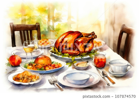 Watercolor Turkey Dinner: Thanksgiving Happiness 107874570