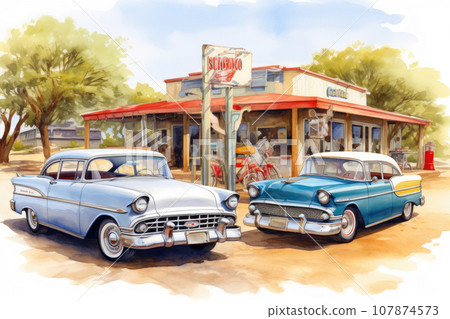 Watercolor Route 66 Drive-In Watercolor Route 66 Drive-In 107874573