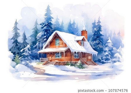 Winter Wonderland: Rustic Cabin in Snowy Forest 107874576