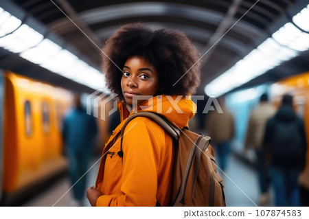 City Commute: Young Black Traveler on Subway Platform 107874583