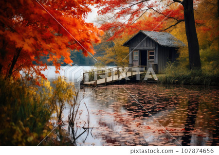 Crimson Tranquility: Lakeside Cabin in Fall Crimson Tranquility: Lakeside Cabin in Fall 107874656