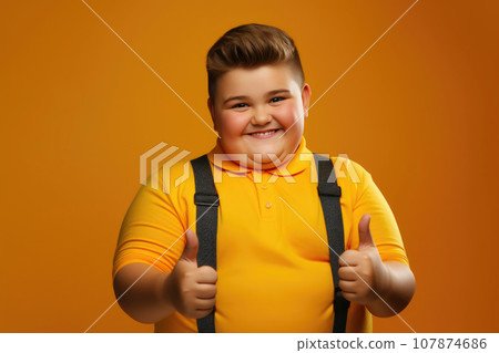 Joyful Curvy Kid Celebrating Fitness on Yellow 107874686