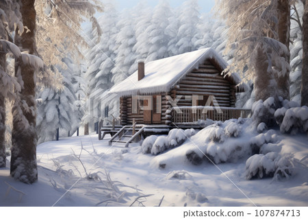 Snowy Serenity: Rustic Cabin in a Winter Forest 107874713