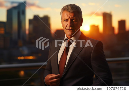 Sophisticated Businessman Embracing the Urban Sunset 107874728