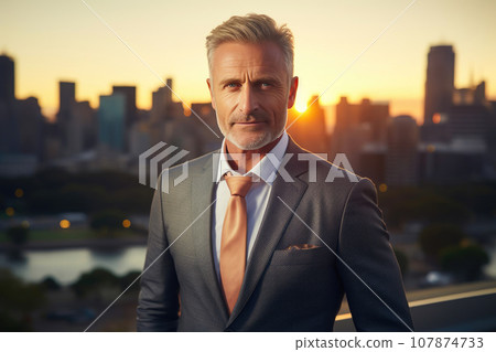 45-Year-Old CEO in Tailored Attire Amidst City Twilight 107874733