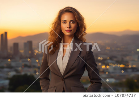 Corporate Power Pose: Confident Woman Amidst City Sunset 107874737