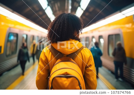 Subway Commute: Afro American Backpacker on the Platform Subway Commute: Afro American Backpacker on the Platform 107874766