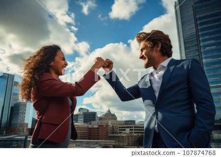 Triumphant Business Partners in Urban Setting Triumphant Business Partners in Urban Setting 107874768