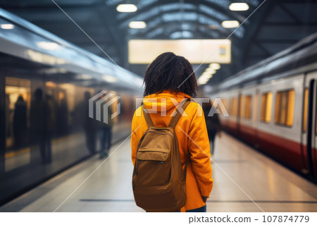 Subway Scene: Young Black Backpacker Awaits Train Subway Scene: Young Black Backpacker Awaits Train 107874779