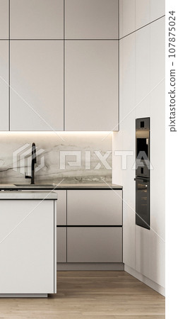 Modern nature style white kitchen interior design. Horizontal banner panoramic background. 3d rendering. High quality 3d illustration Modern nature style white kitchen interior design. Horizontal banner panoramic background. 3d rendering. High quality 3d illustration 107875024