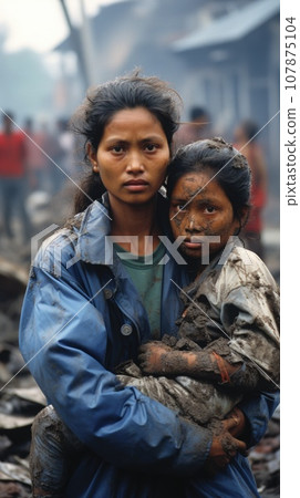 A war victim refugee woman holding a child in her arms, AI 107875104