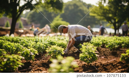 A man kneeling down in a field of plants, AI A man kneeling down in a field of plants, AI 107875133