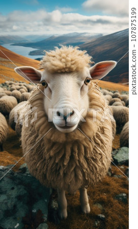 A herd of sheep standing on top of a grass covered hillside, AI 107875199