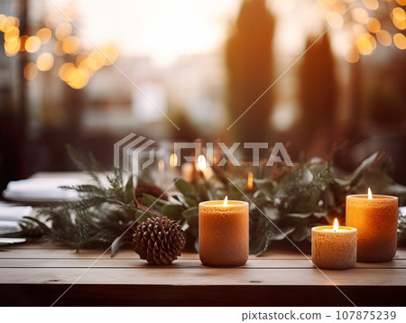 Winter holiday season festive dining table decoration with candles and beautiful tableware, elegant table decor 107875239