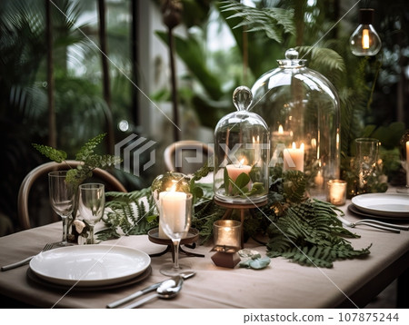 Winter holiday season festive dining table decoration with candles and beautiful tableware, elegant table decor Winter holiday season festive dining table decoration with candles and beautiful tableware, elegant table decor 107875244