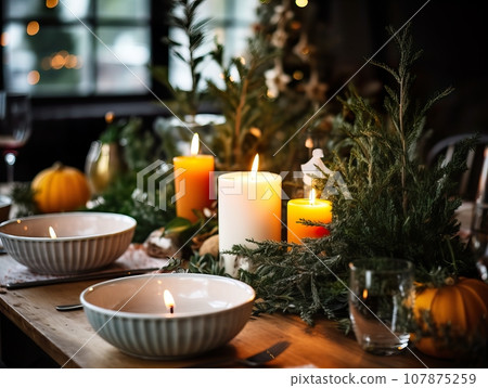 Winter holiday season festive dining table decoration with candles and beautiful tableware, elegant table decor 107875259