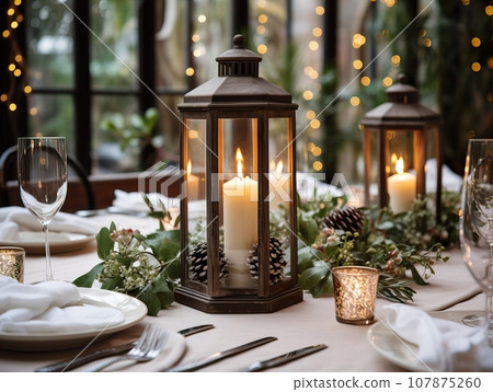 Winter holiday season festive dining table decoration with candles and beautiful tableware, elegant table decor Winter holiday season festive dining table decoration with candles and beautiful tableware, elegant table decor 107875260