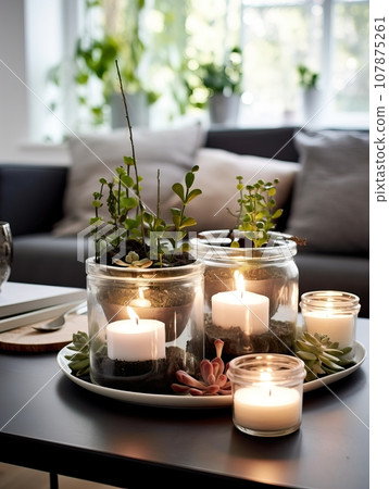 Winter holiday season festive dining table decoration with candles and beautiful tableware, elegant table decor Winter holiday season festive dining table decoration with candles and beautiful tableware, elegant table decor 107875261