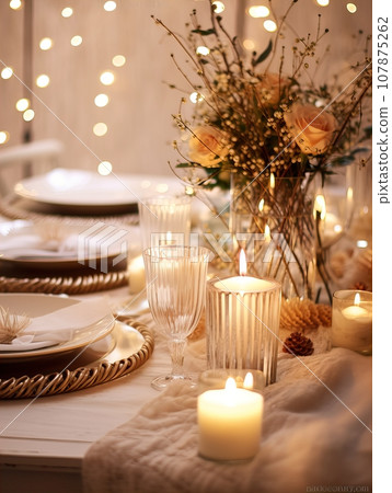 Winter holiday season festive dining table decoration with candles and beautiful tableware, elegant table decor Winter holiday season festive dining table decoration with candles and beautiful tableware, elegant table decor 107875262