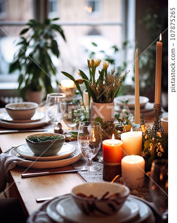 Winter holiday season festive dining table decoration with candles and beautiful tableware, elegant table decor 107875265