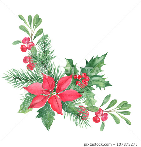 Christmas bouquet, corner. Forest pine branches, Holly plant with red berries, poinsettia, cowberry, lingonberry. Symbols of the New year and Christmas. Watercolor hand painted illustration isolated 107875273