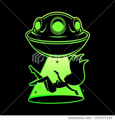 Realistic UFO, Unidentified flying object. Alien space ships with green light beam, smoke and sparkles. Mystical green Realistic UFO, Unidentified flying object. Alien space ships with green light beam, smoke and sparkles. Mystical green 107875330