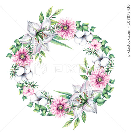 Watercolor wreath with flowers 107875430