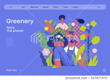 Greenery, ecology -modern flat vector concept illustration of people surrounded by plants and flowers. Metaphor of environmental sustainability and protection, closeness to nature 107875470