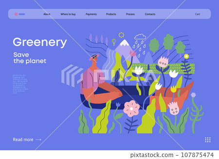 Greenery, ecology -modern flat vector concept illustration of a man sitting in the landscape with river and waterfall. Metaphor of environmental sustainability and protection, closeness to nature Greenery, ecology -modern flat vector concept illustration of a man sitting in the landscape with river and waterfall. Metaphor of environmental sustainability and protection, closeness to nature 107875474