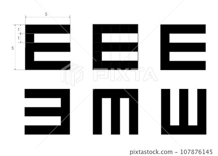 E chart Eye Test Chart scheme tumbling medical illustration. Line vector sketch style outline isolated on white E chart Eye Test Chart scheme tumbling medical illustration. Line vector sketch style outline isolated on white 107876145