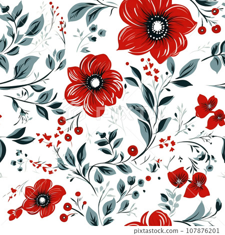 Seamless pattern red flowers and leaves... - Stock Illustration ...