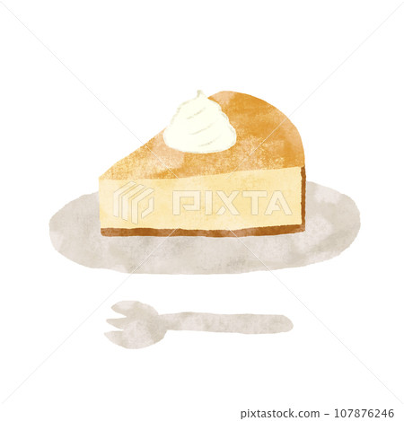 Hand-drawn illustration of cheesecake with whipped cream, plate and fork set, textured 107876246
