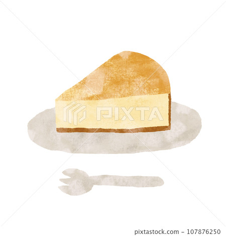 手繪起司蛋糕插圖,盤子和叉子套裝,紋理 手繪起司蛋糕插圖,盤子和叉子套裝,紋理 107876250