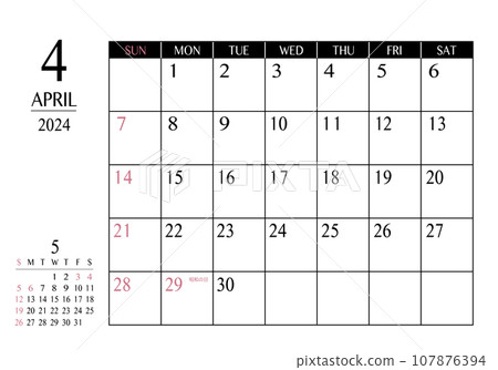 2024年4月簡單書寫日曆 107876394