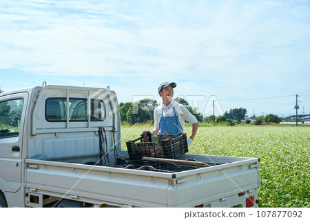 A man loading agricultural products onto the back of a light truck 107877092