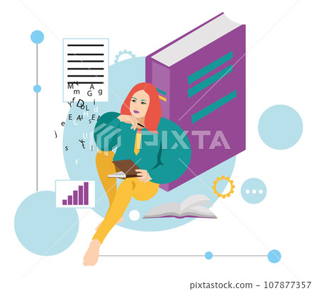 Girl sitting near a big book thinking Girl sitting near a big book thinking 107877357