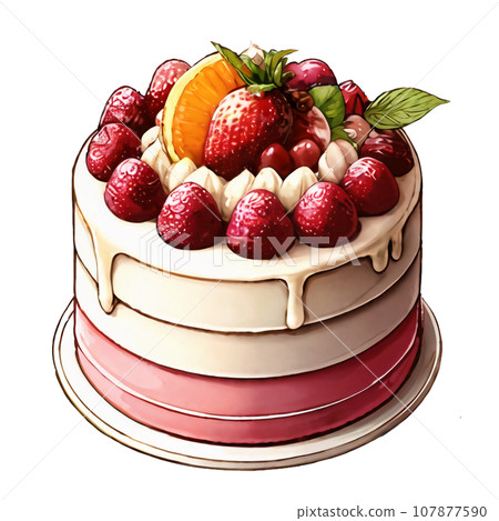 帶有鮮奶油和大量水果的蛋糕的插圖 帶有鮮奶油和大量水果的蛋糕的插圖 107877590
