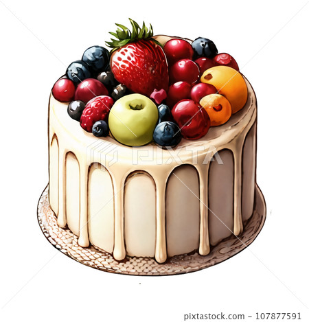 帶有鮮奶油和大量水果的蛋糕的插圖 107877591