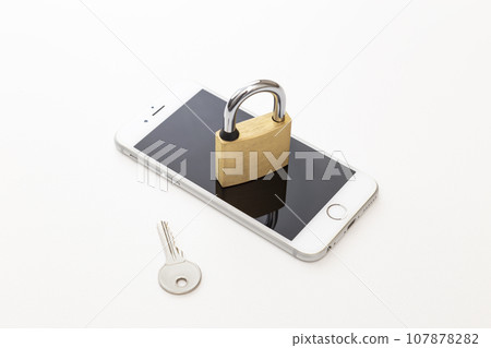 Smartphone and padlock white background Smartphone and padlock white background 107878282