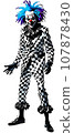 A creepy clown with blue hair, full body, created with generative AI. 107878430