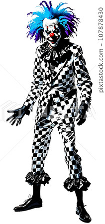 A creepy clown with blue hair, full body, created with generative AI. 107878430
