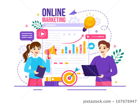 Digital Online Marketing Vector Illustration with Business Analysis, Content Strategy, Ad Targeting and Management in Flat Cartoon Background Digital Online Marketing Vector Illustration with Business Analysis, Content Strategy, Ad Targeting and Management in Flat Cartoon Background 107878947