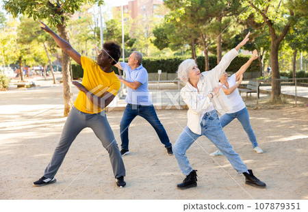 Group of happy women and men different ages practicing dance in summer park 107879351