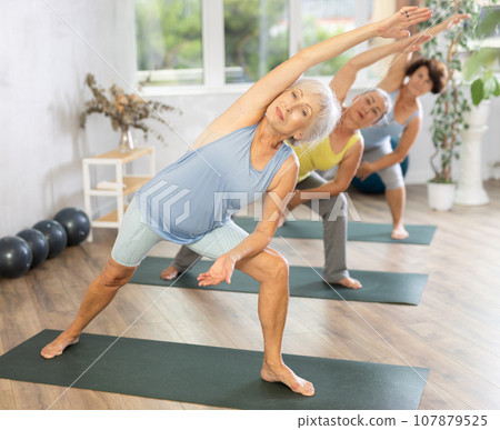 Group of elderly woman doing pilates on mat in studio 107879525
